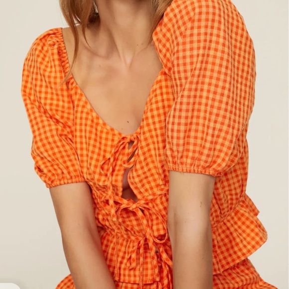 Louna Orange Gingham Puff Sleeve Tie Top - Picture 4 of 7